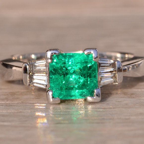 Classic Square Emerald Cut Natural Emerald and Tapered Baguette Diamond Ring